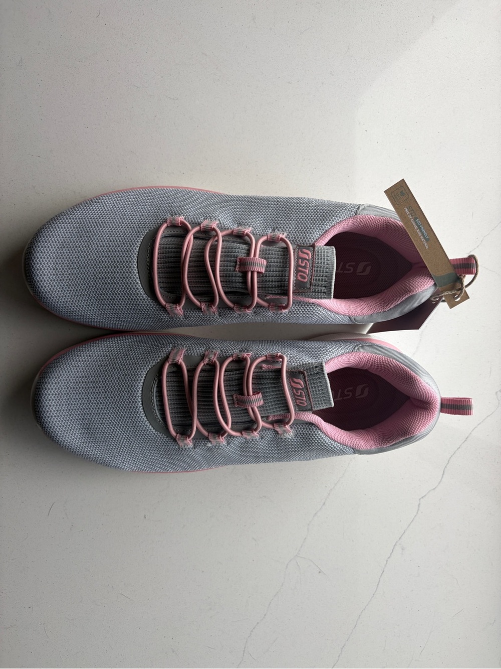 Women's Light Gray Knit Sneakers with Pink Trim